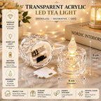 LED Acrylic Crystal Tea Light Candles Warm Flickering Flame (Pack of 4)