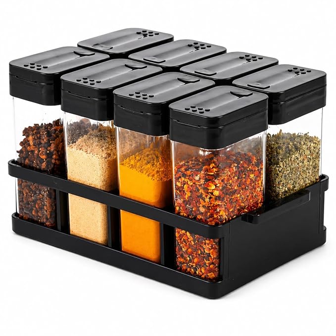 Spice Jar Set with Rack and Sliding Lid Shaker Top